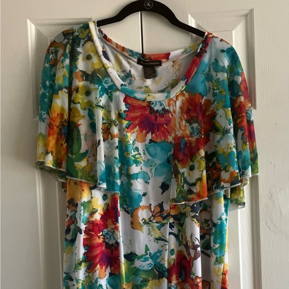 Vintage/Y2K Susan Lawrence Floral Sleeveless Top with Sheer Cape Overlay XL